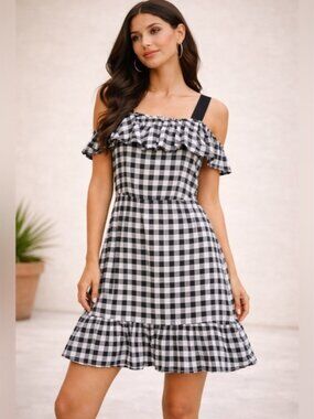 Joe Fresh Gingham Ruffle Strap Dress XS NWT Black White Check Summer Mini